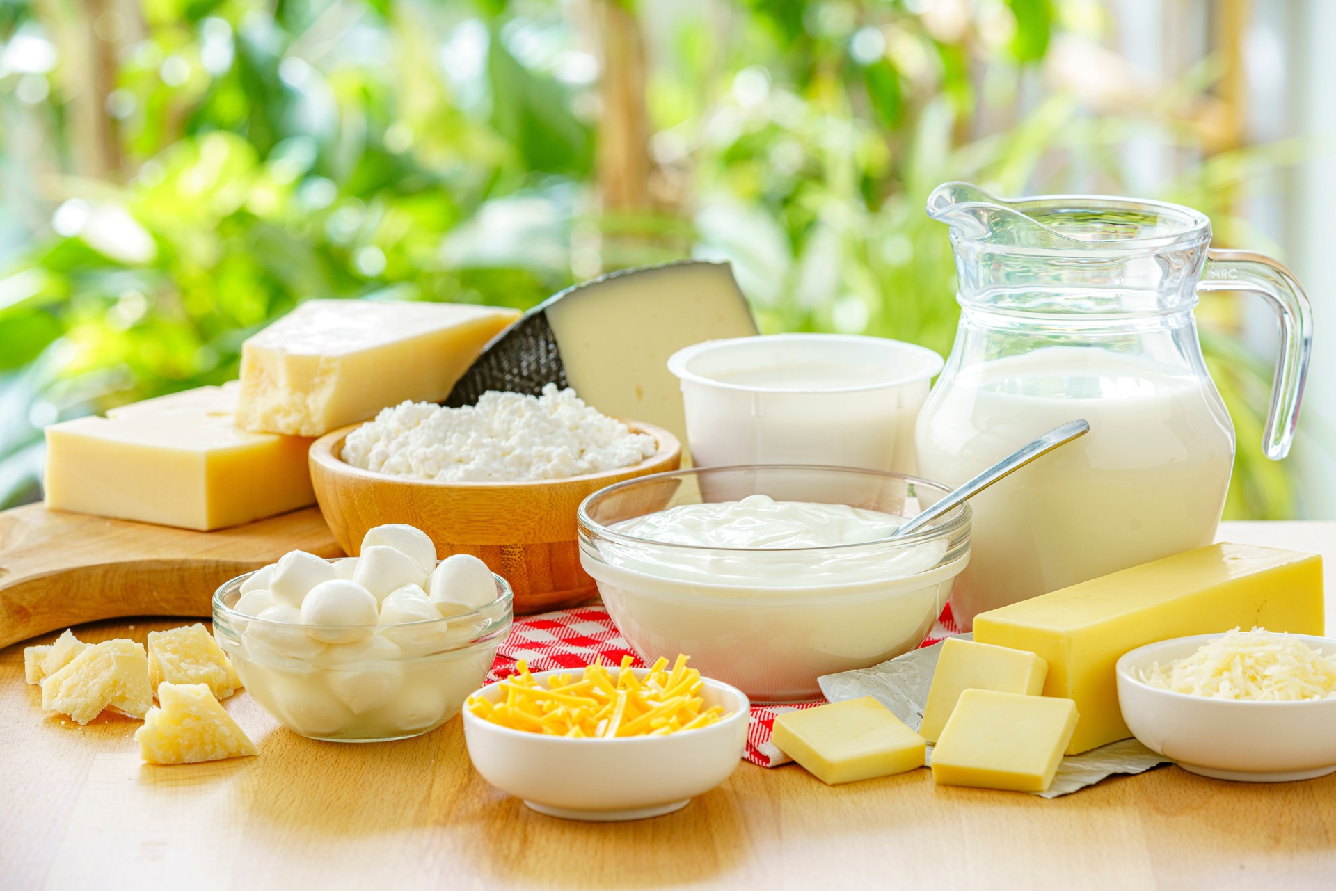 Variety of dairy products on the table outdoors